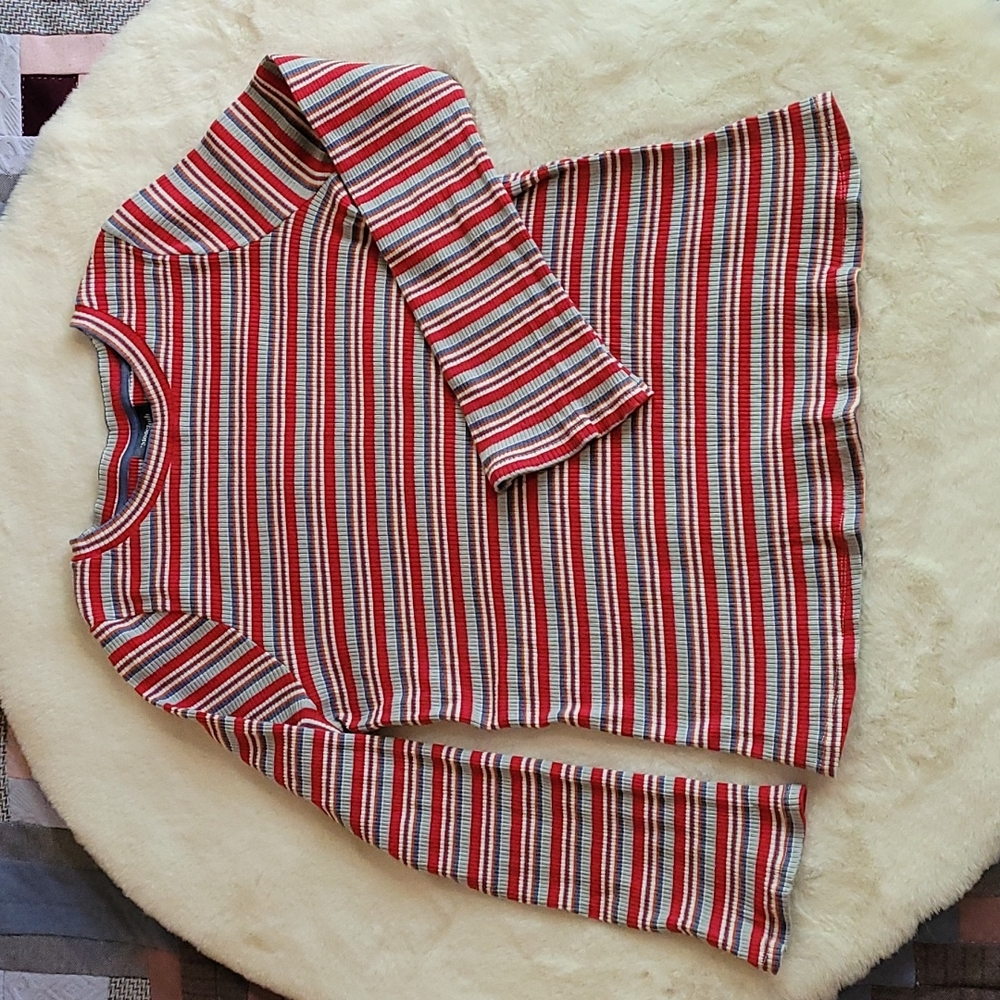 Modcloth A Flare For Fun Red Blue Stripe Ribbed Long Sleeve Vintage Inspired Top